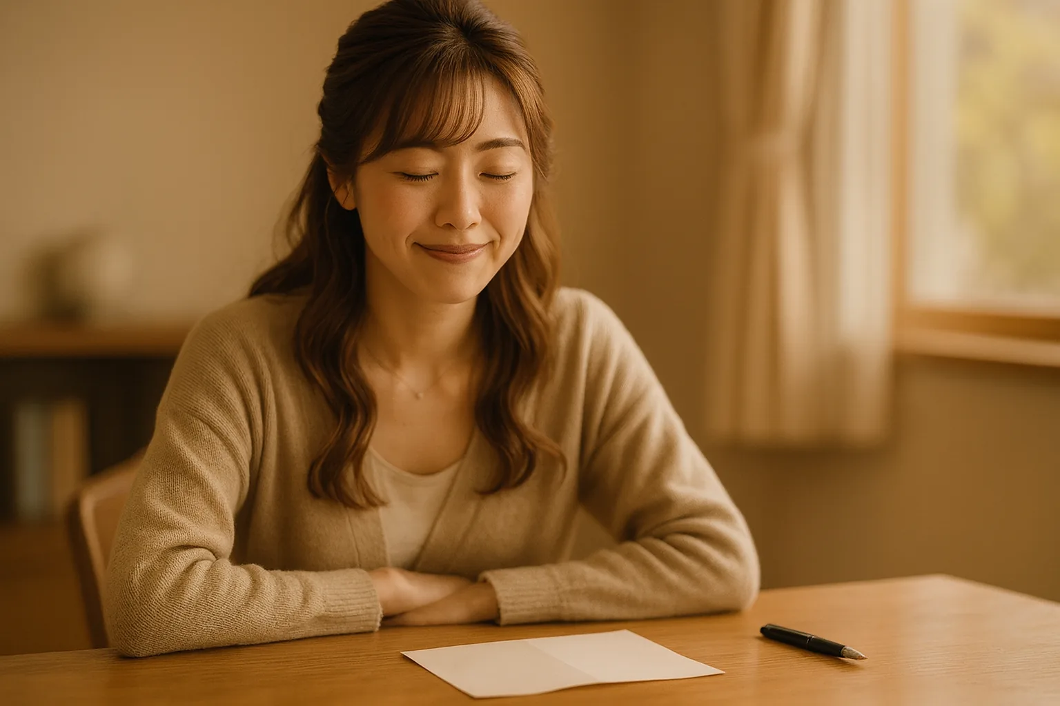 ペンを置いて、折りたたんだ紙を前にほっと息をつく女性