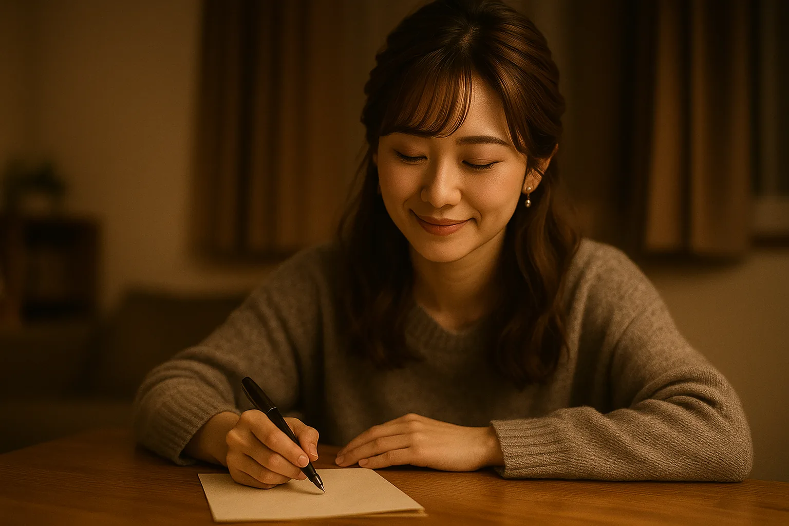 書き終えてペンを置き、折りたたんだ紙の横で静かに息をつく女性