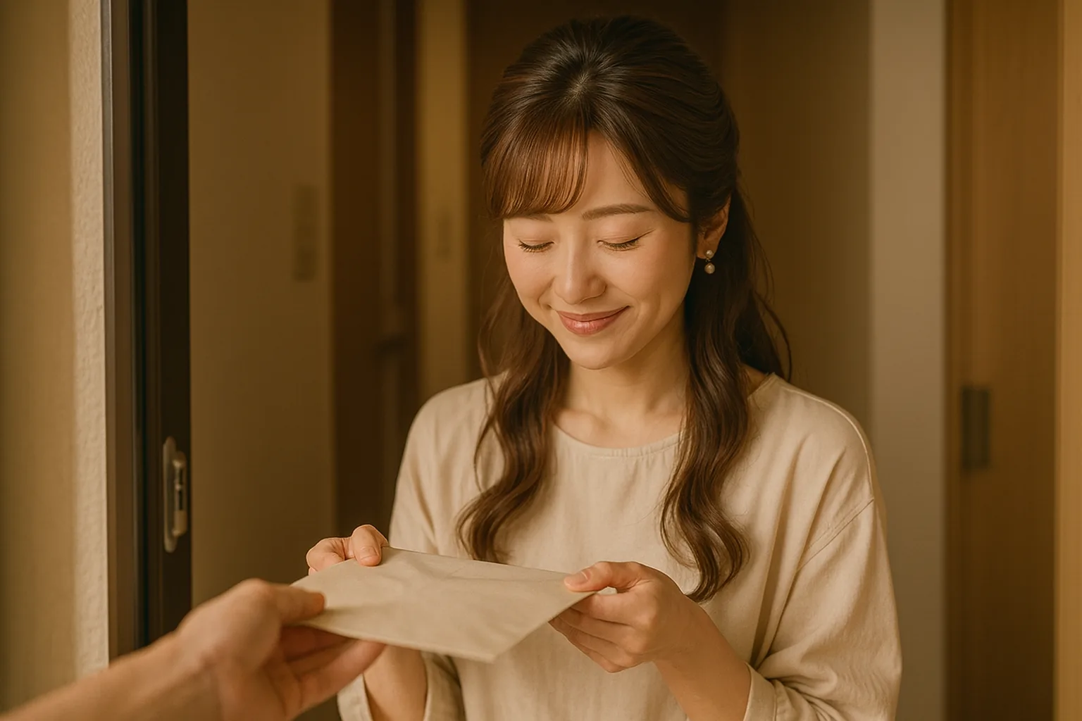 玄関先で、無地の封筒を相手の手に渡して会釈する女性