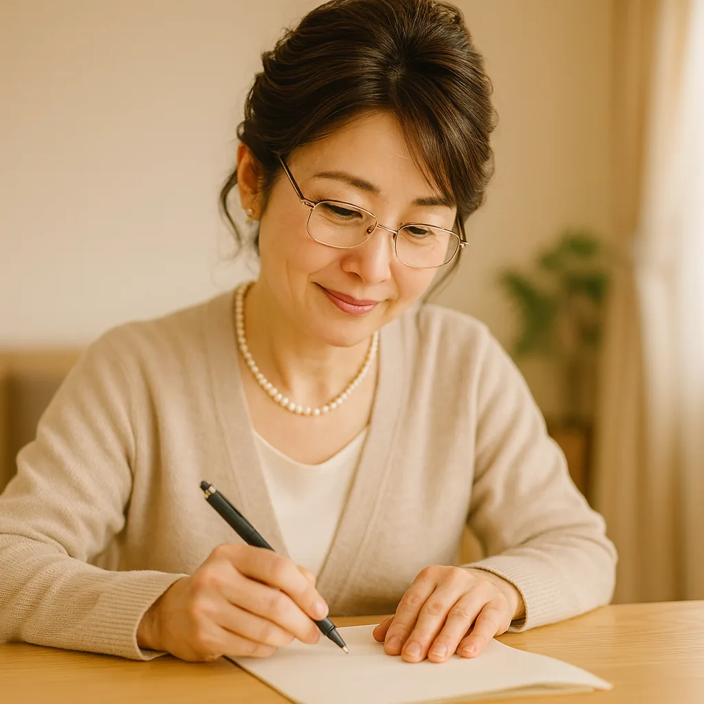 老眼鏡をかけ、白い紙の上でペンを構える母