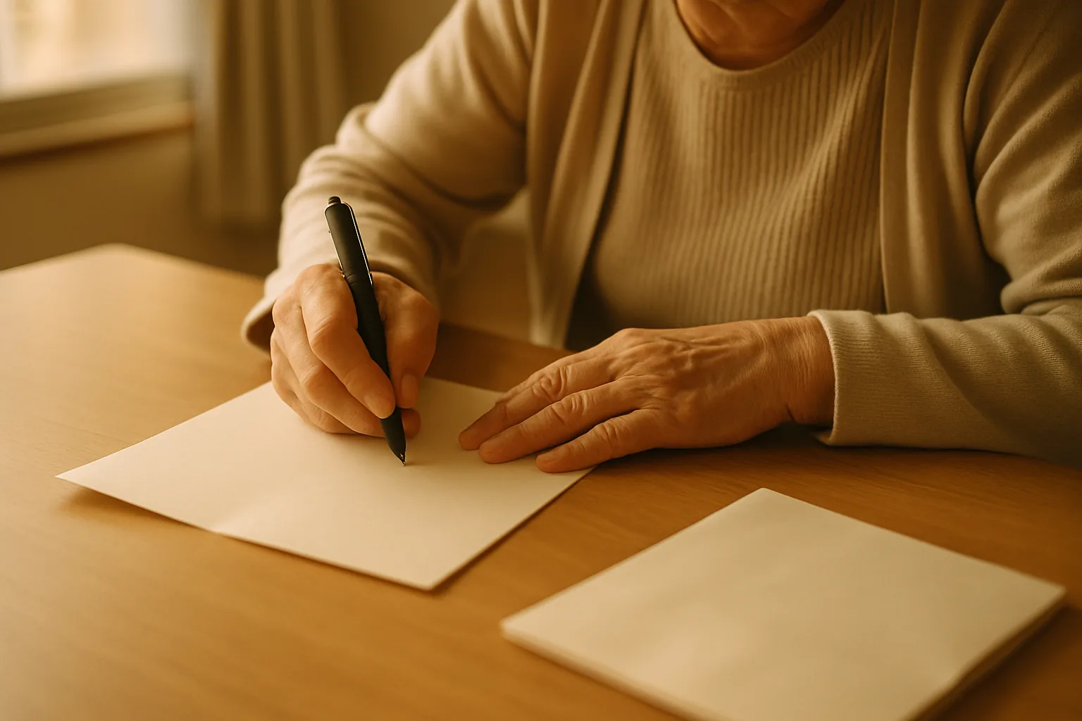 白い紙に書き込む年配の女性の手元（手で隠れて文字は見えない）