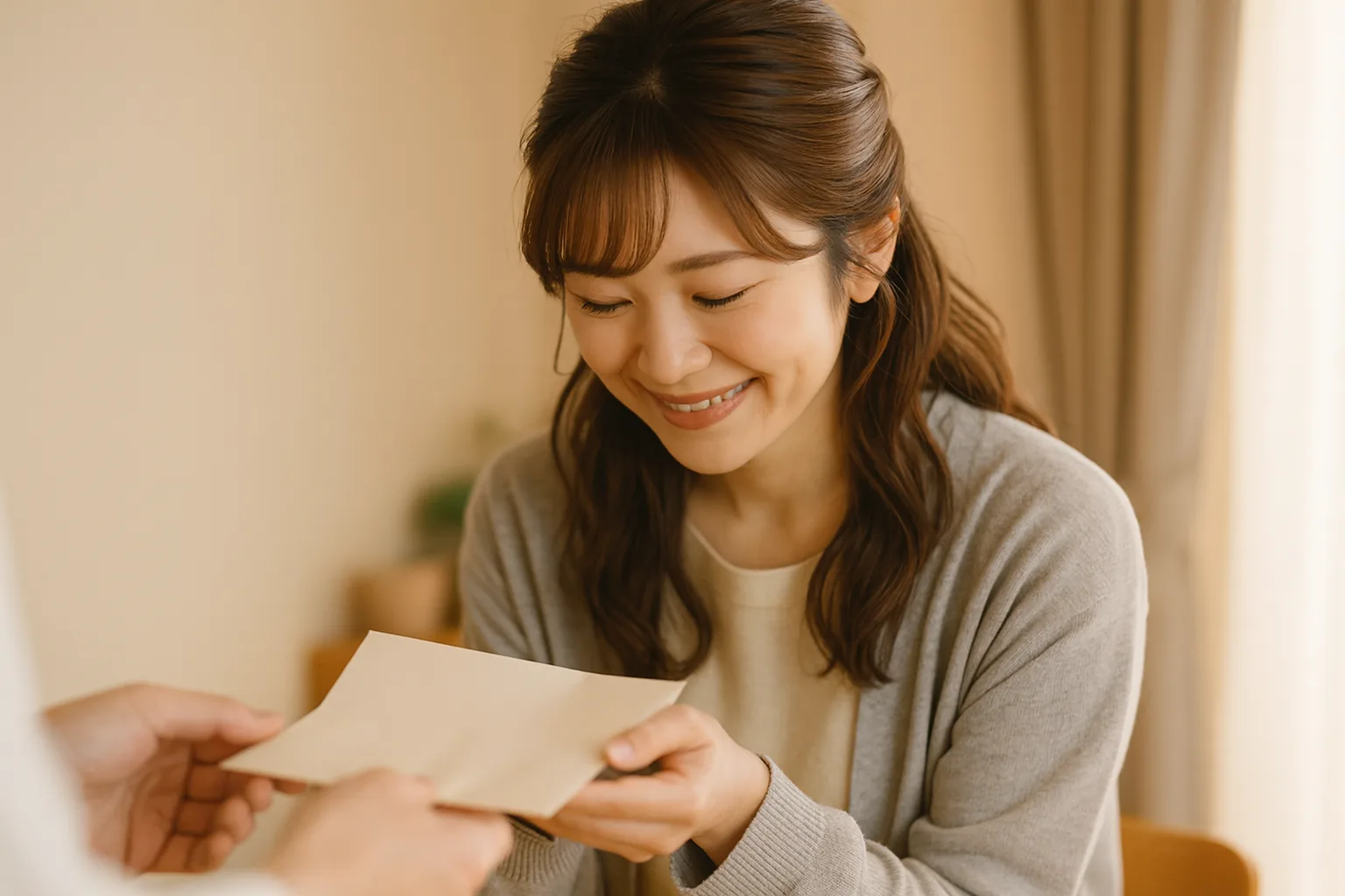 折りたたんだ紙を両手で受け取り、頭を下げてお礼を言う女性