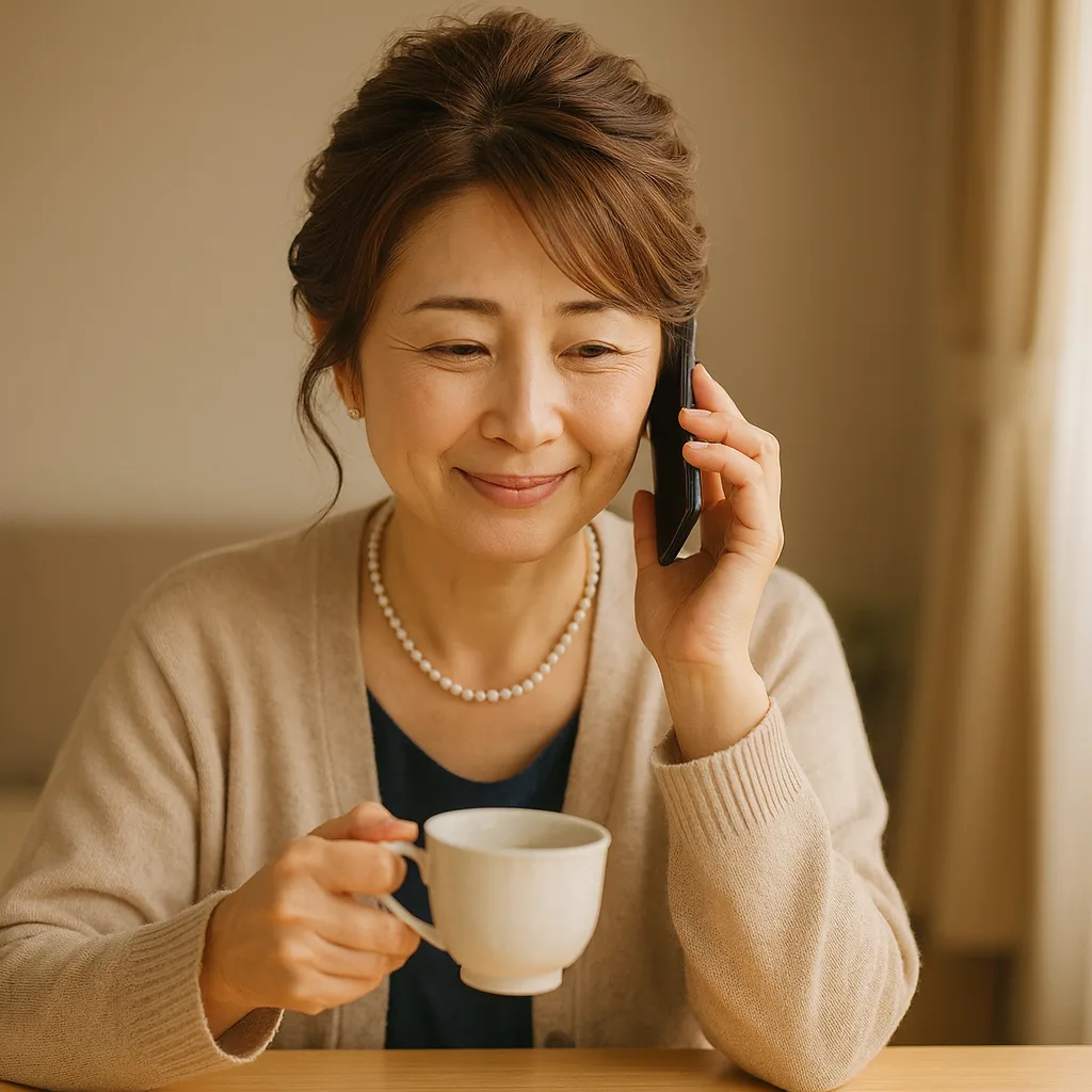 湯のみに手を添え、電話をおだやかに聞いている母