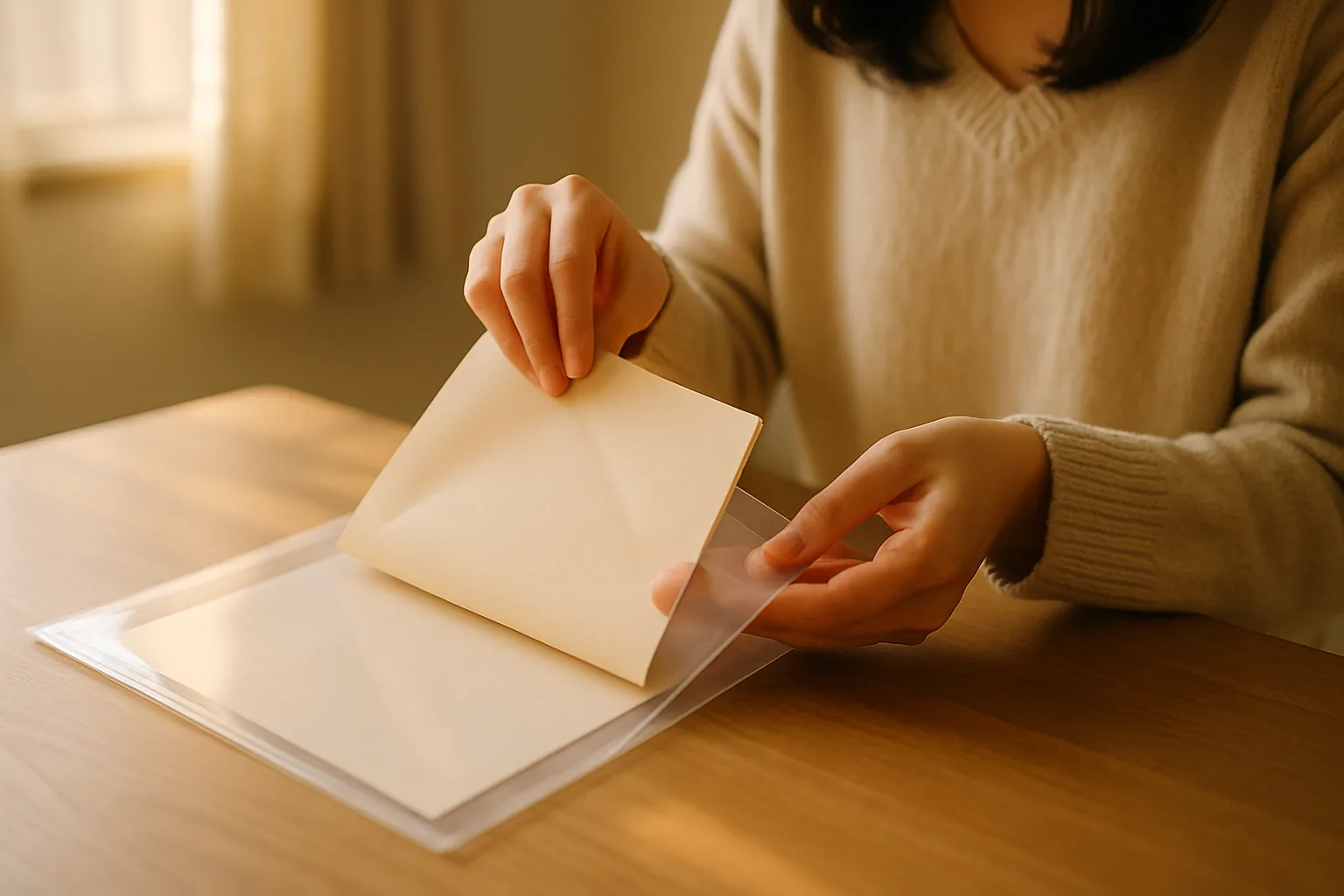 折りたたんだ白い紙を透明のファイルに入れる女性の手元