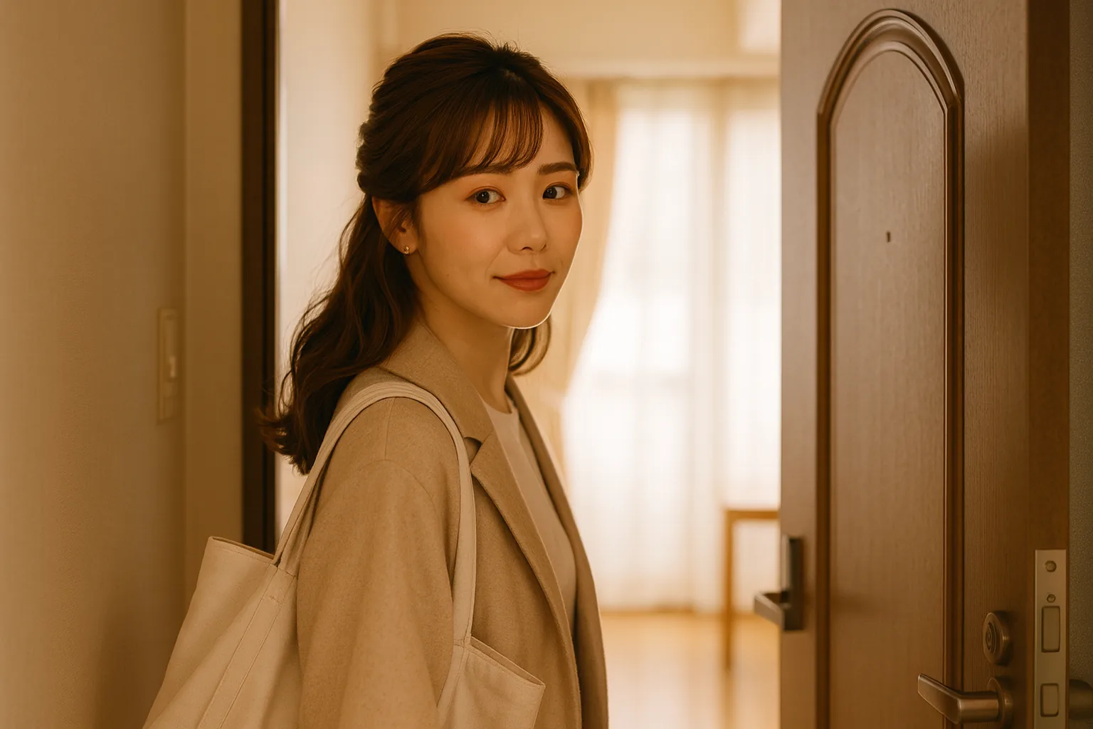 コートを着てトートバッグを肩にかけ、玄関で部屋を振り返る女性
