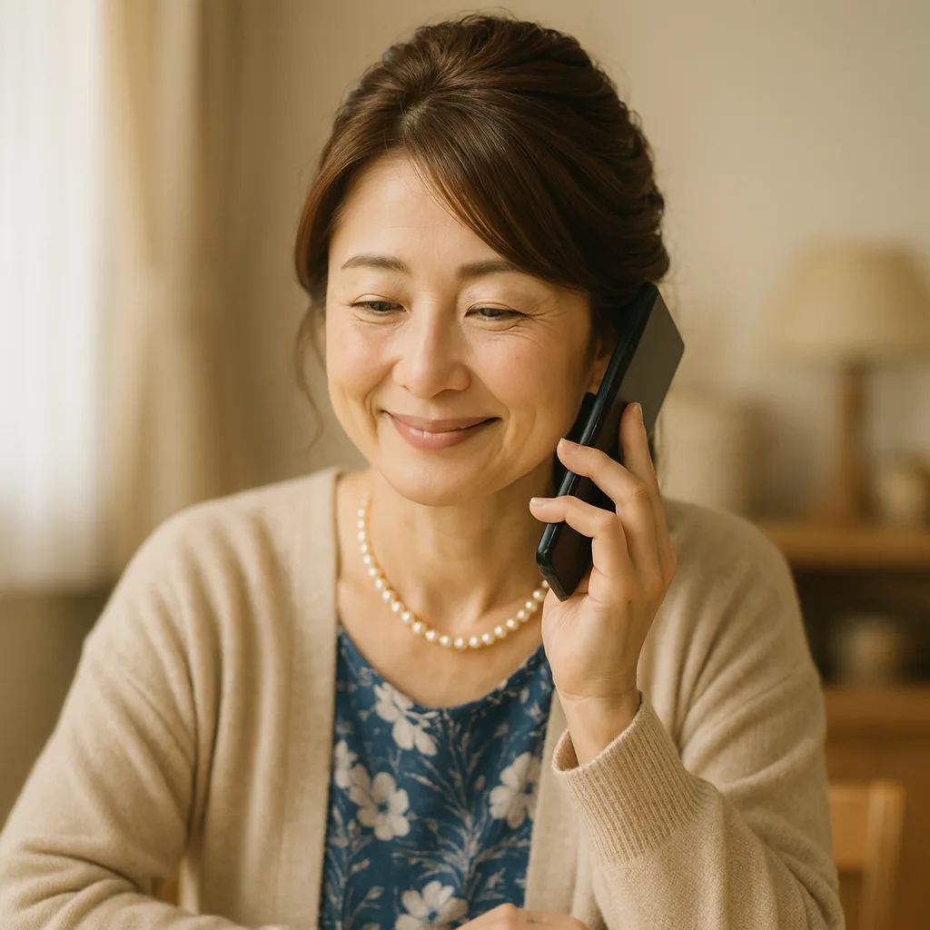 首をかしげて、軽くほほえみながら電話をする母