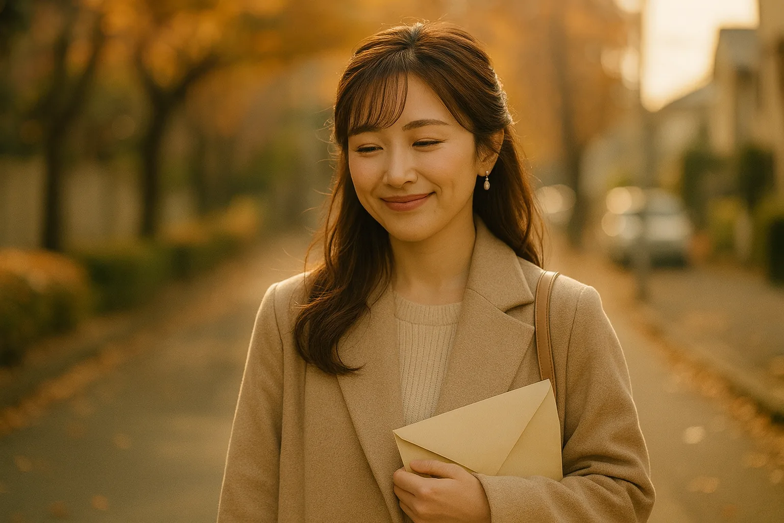夕方の並木道を、封筒をバッグに入れて歩いていく女性