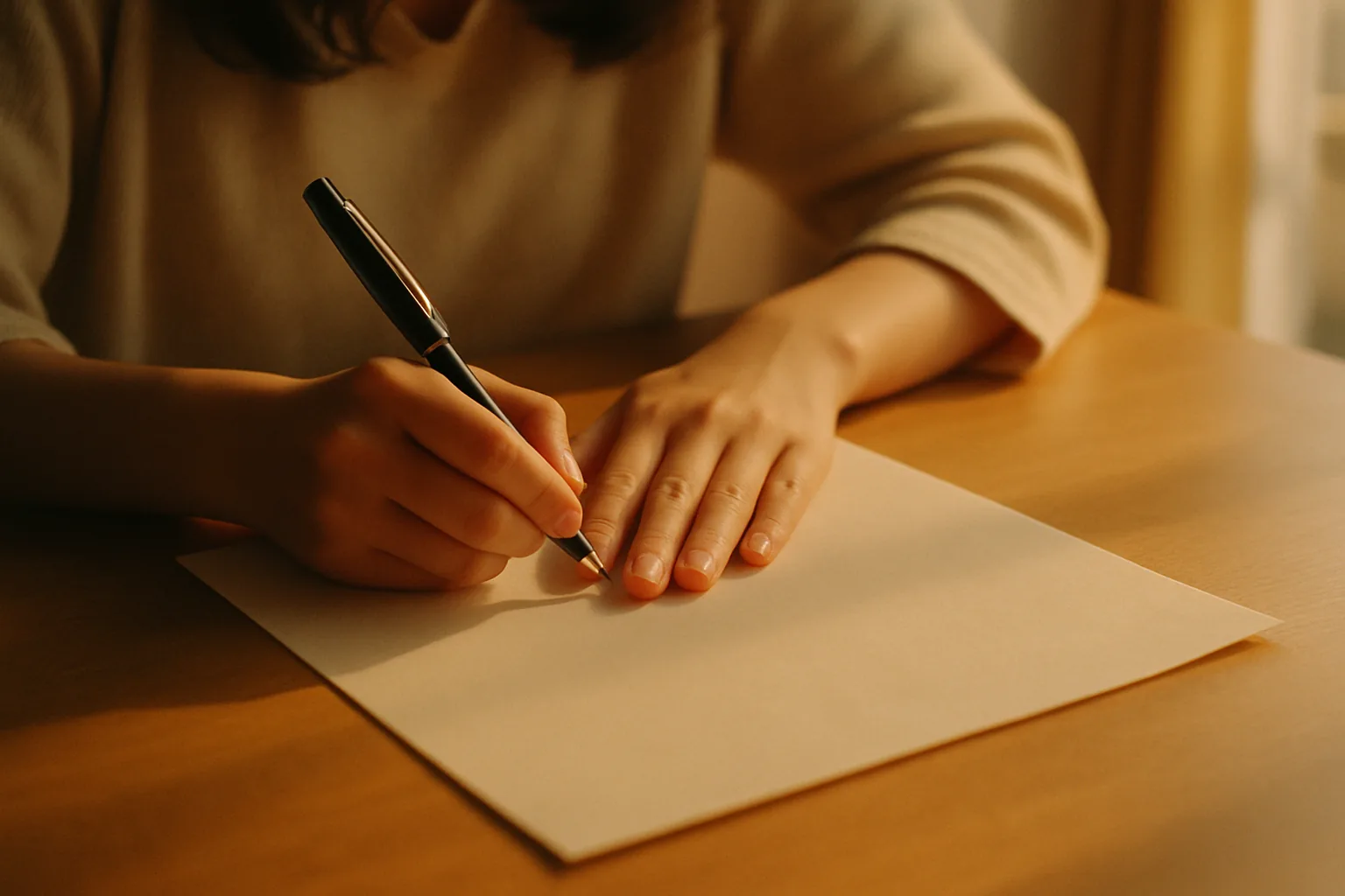 白い紙に手のひらを置き、ペンを持つもう一方の手を添える女性の手元