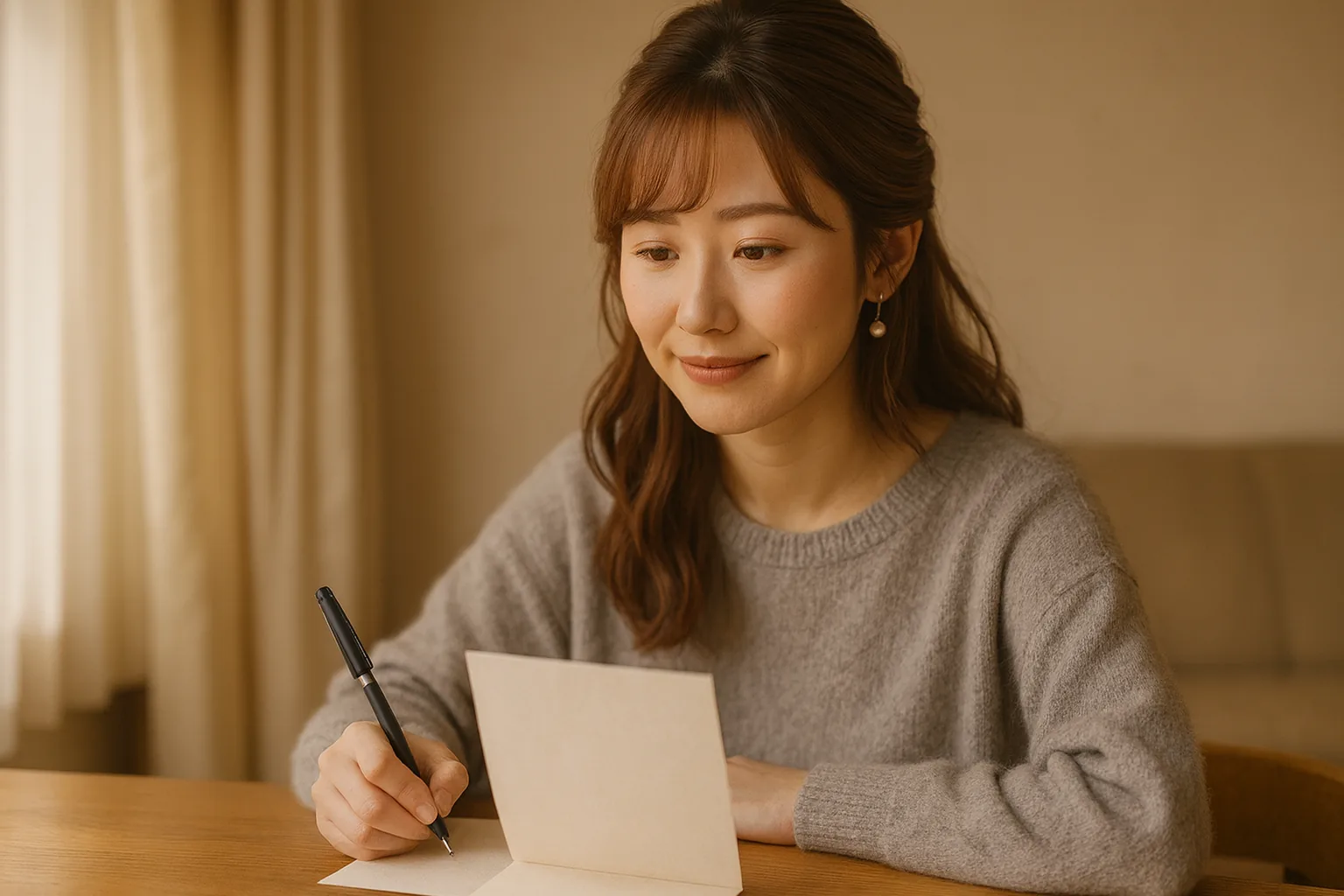 ペンにふたをして、折りたたんだ紙をそろえた女性
