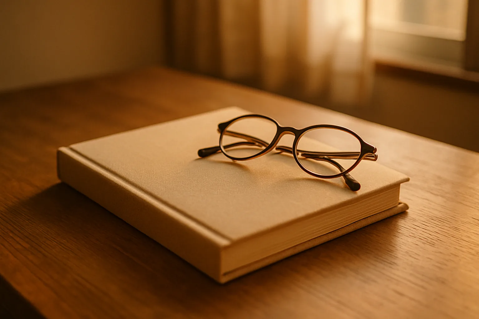 木のテーブルに置かれた、閉じた布張りのアルバムと老眼鏡