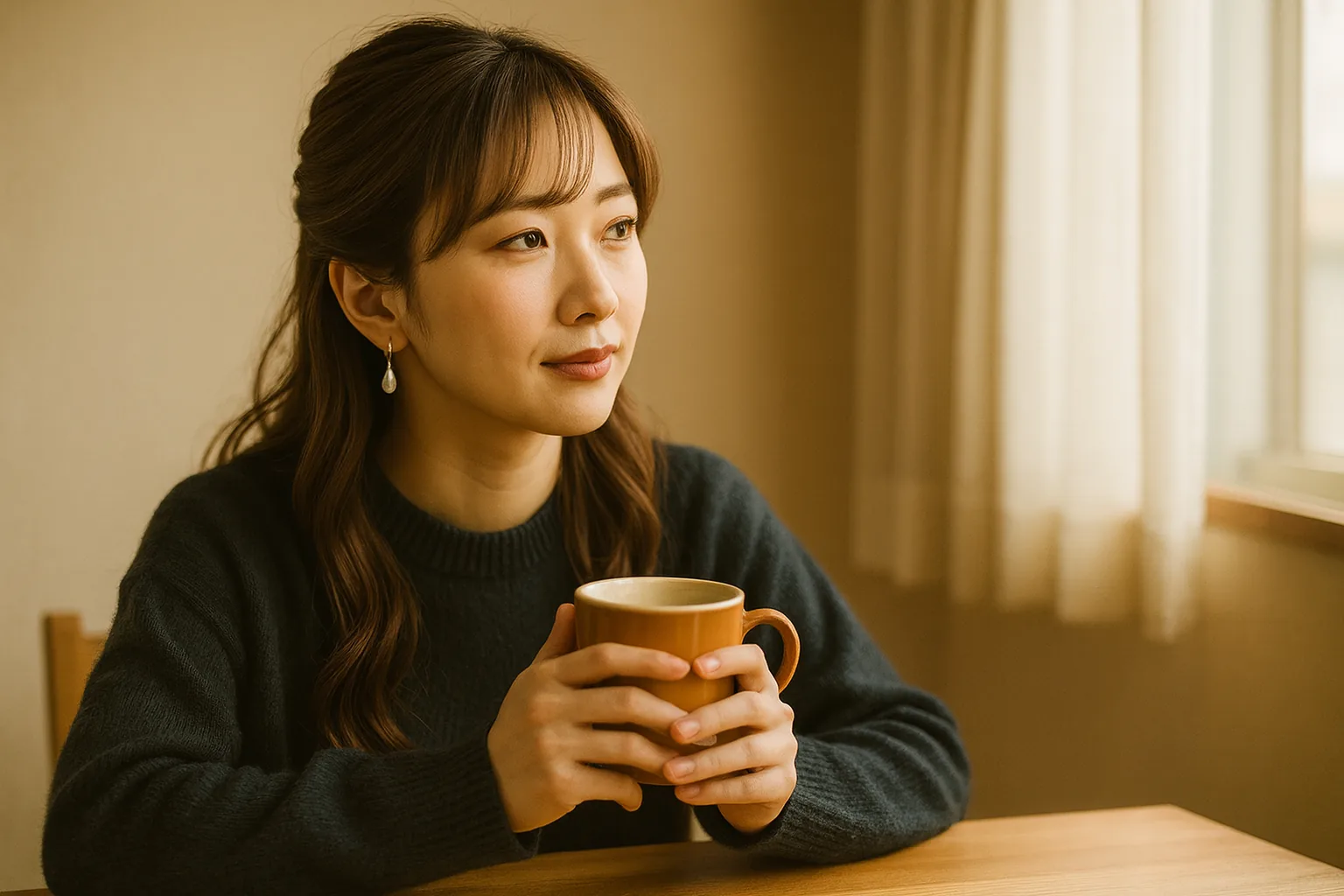 湯のみを両手で包み、窓のほうを見て考えている女性