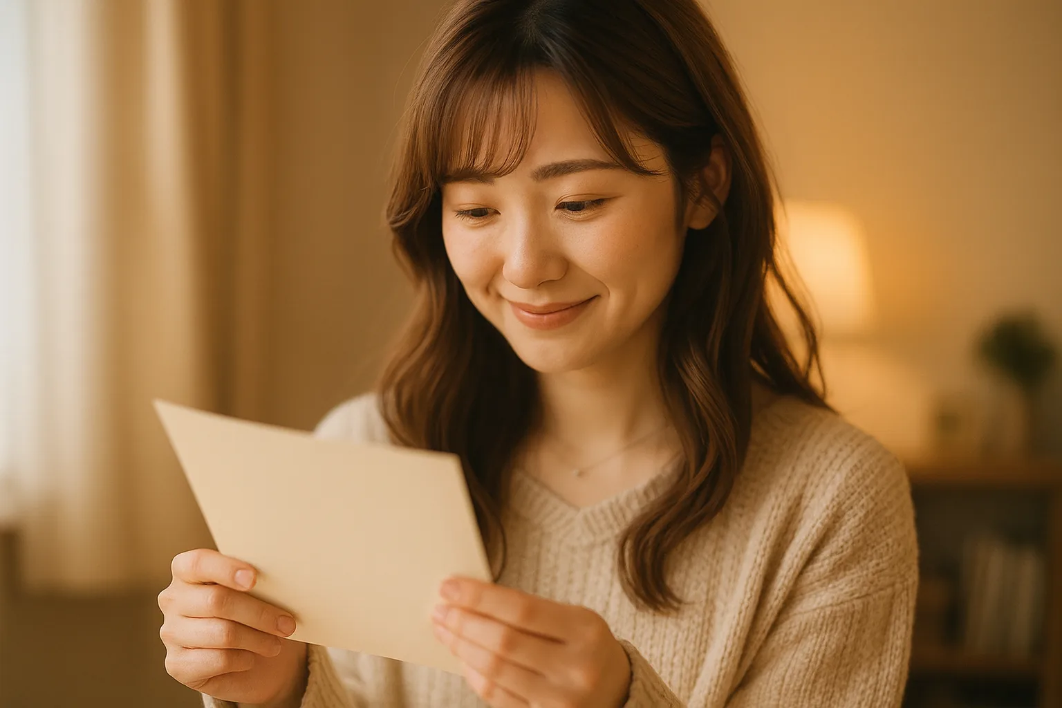 1枚の紙を両手で持ち、うれしそうにながめる女性