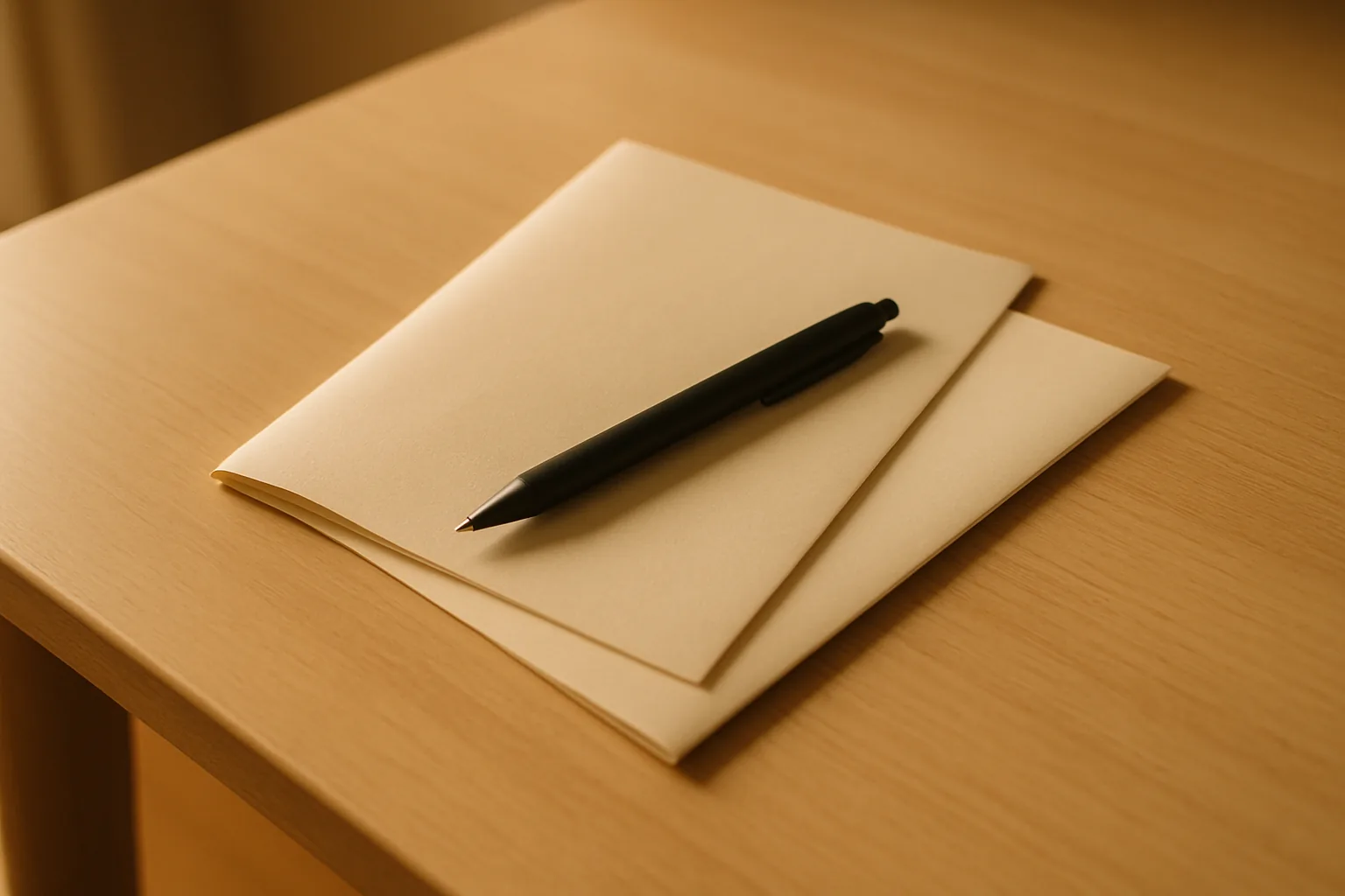 重ねて置かれた2つの折りたたんだ白い書類と、その上に渡したボールペン