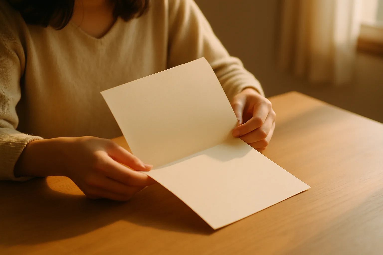 折りたたんだ白い書類を開く女性の手元（中面は白紙）