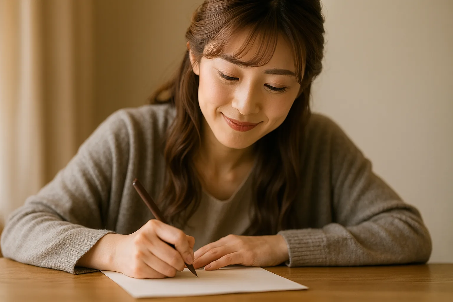 白い紙に書き込む女性（手で隠れて文字は見えない）