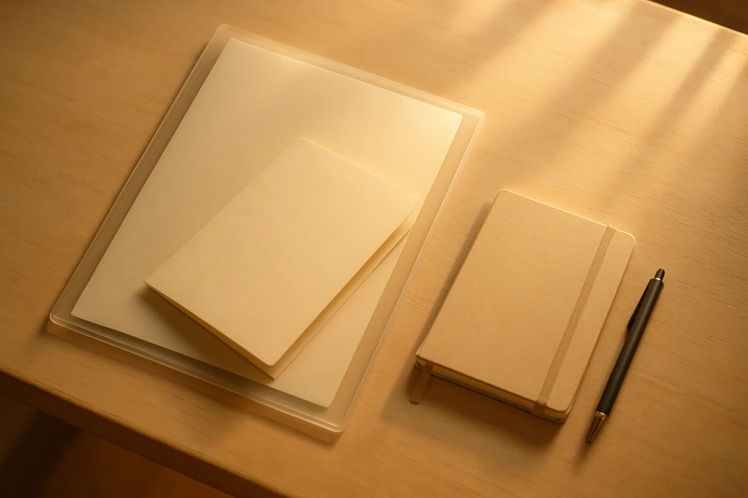 真上から見たテーブル。白い書類を入れた透明ファイルとペンと小さなノート