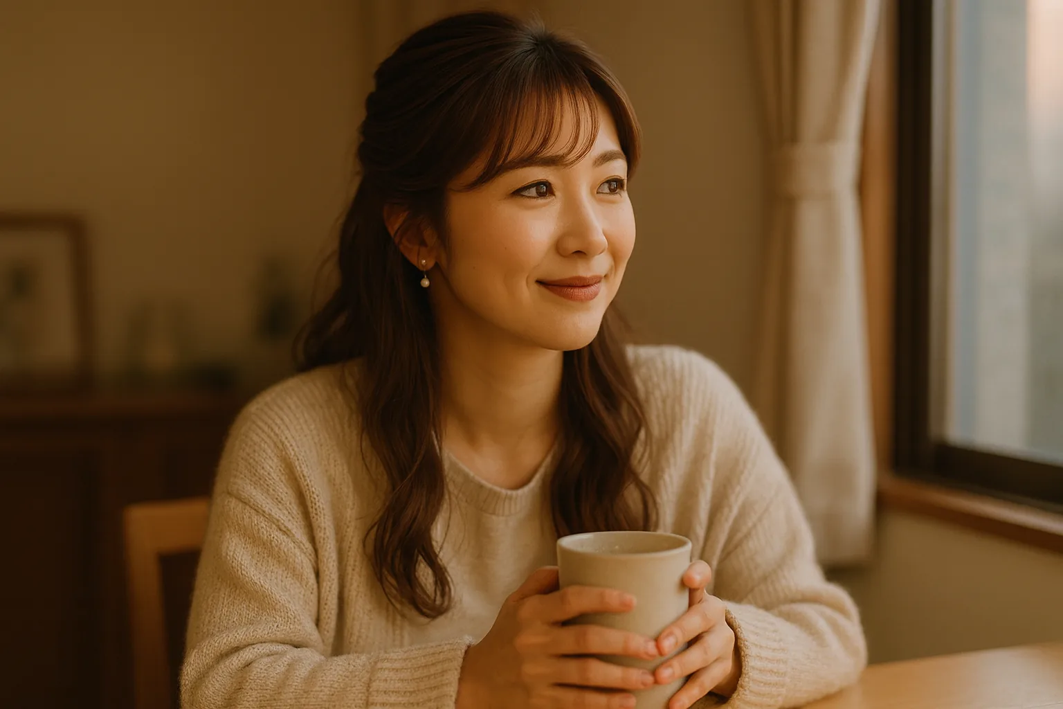 夜、湯のみを両手で包んで窓のほうを見て、落ち着いた表情でほほえむ女性