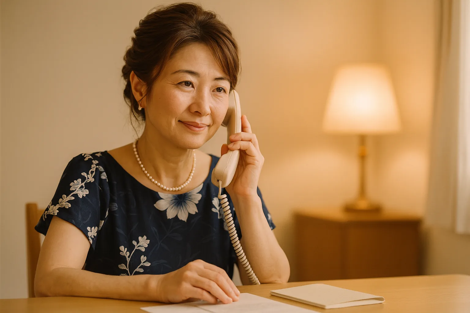 居間の電話のそばで、おだやかに話している母