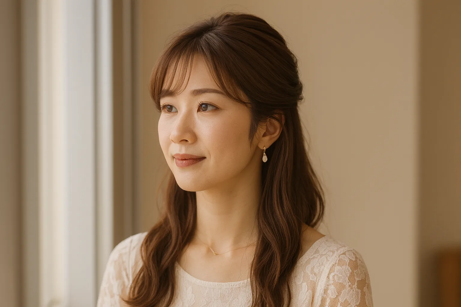 窓辺で、肩の力を抜いて外を見ている女性