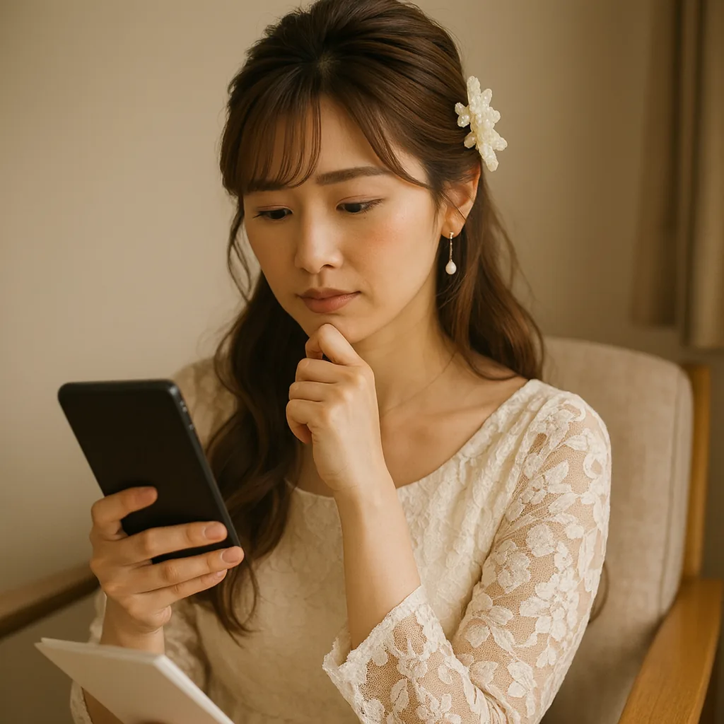 椅子に座って、暗い画面のスマートフォンを手に考えている女性