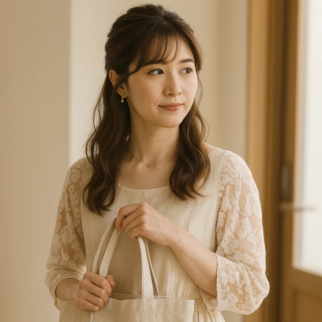 朝の光が入る玄関で、鞄を持って出かける支度をしている女性