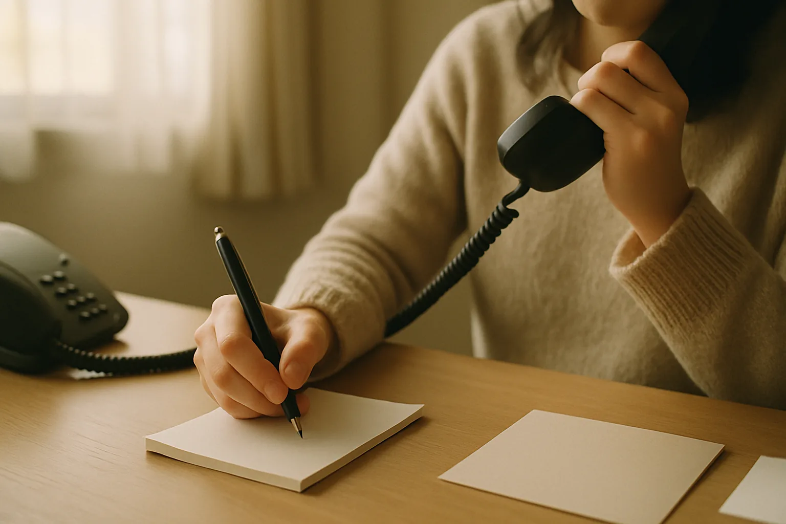 受話器を耳にあてて、メモを取っている女性の手元