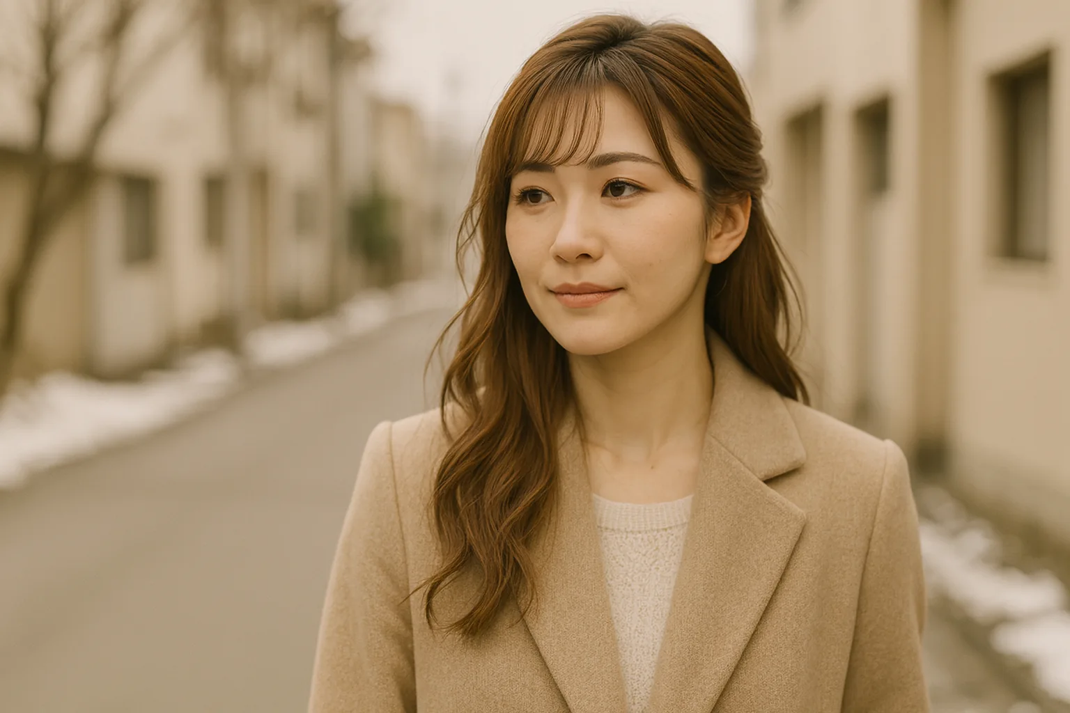 用事を終えて、まちの通りを歩いている女性