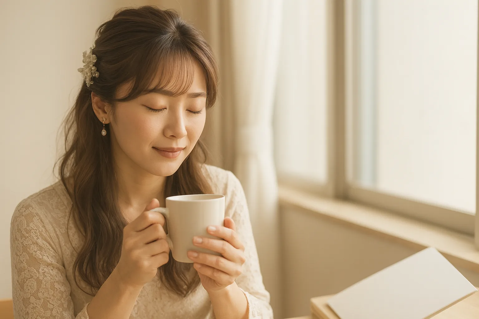 窓辺で、カップを両手で持ってひと息ついている女性