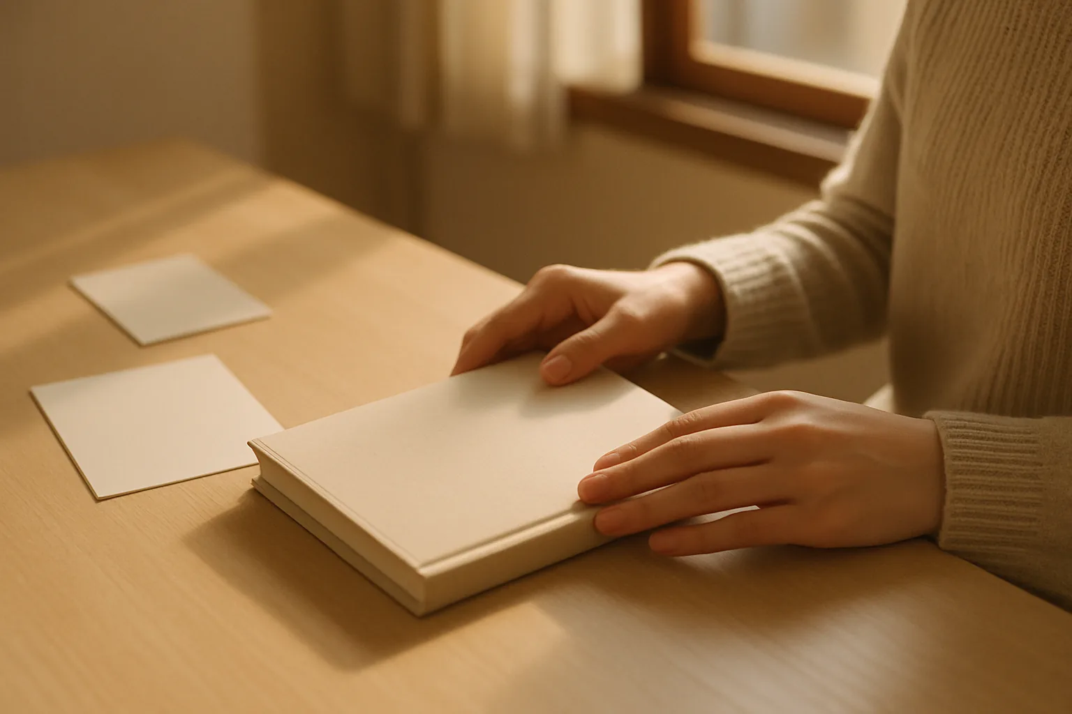 夕方の部屋で、手帳を閉じて置いている手元