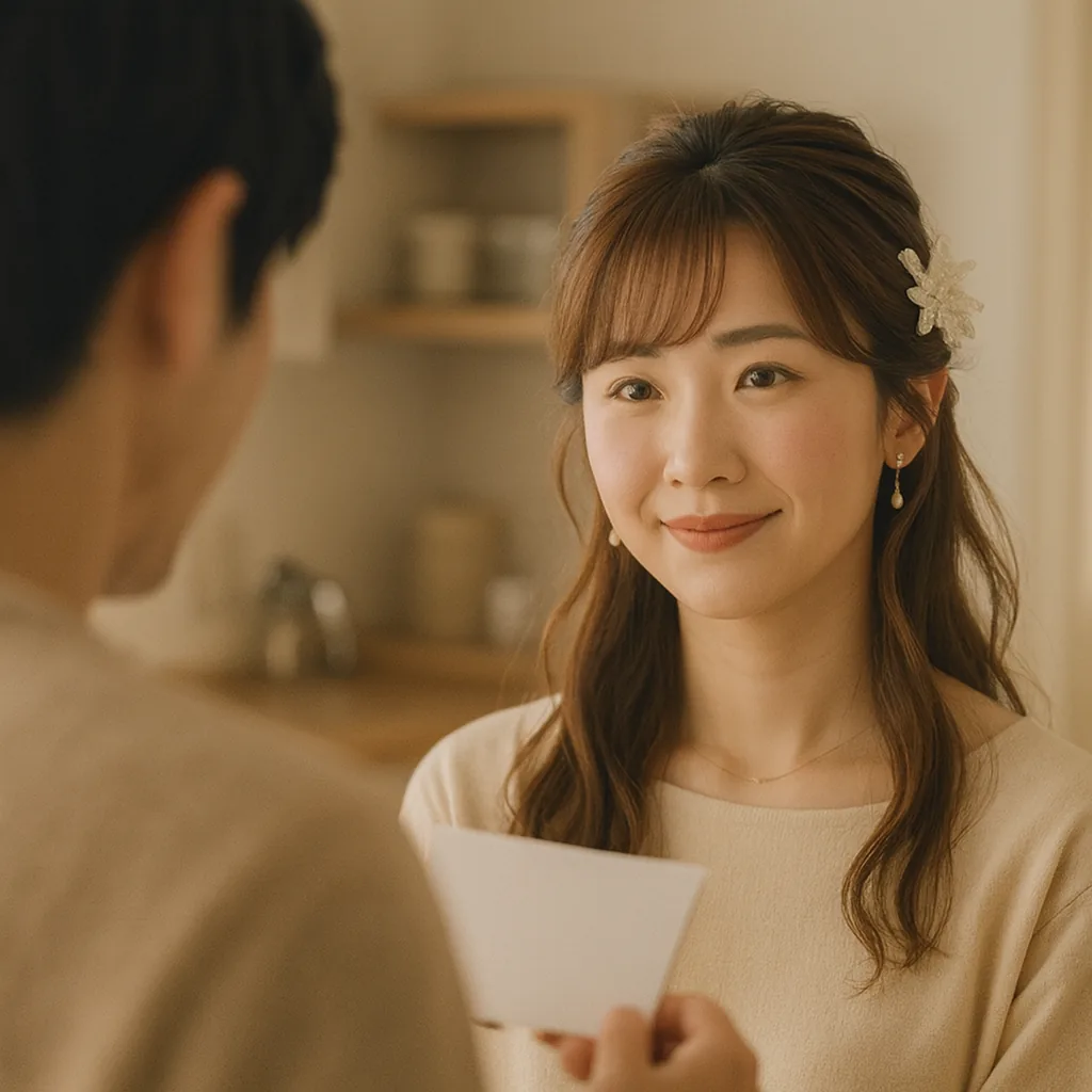 台所で、肩越しに立つ夫と短く話している女性（夫は後ろ姿）