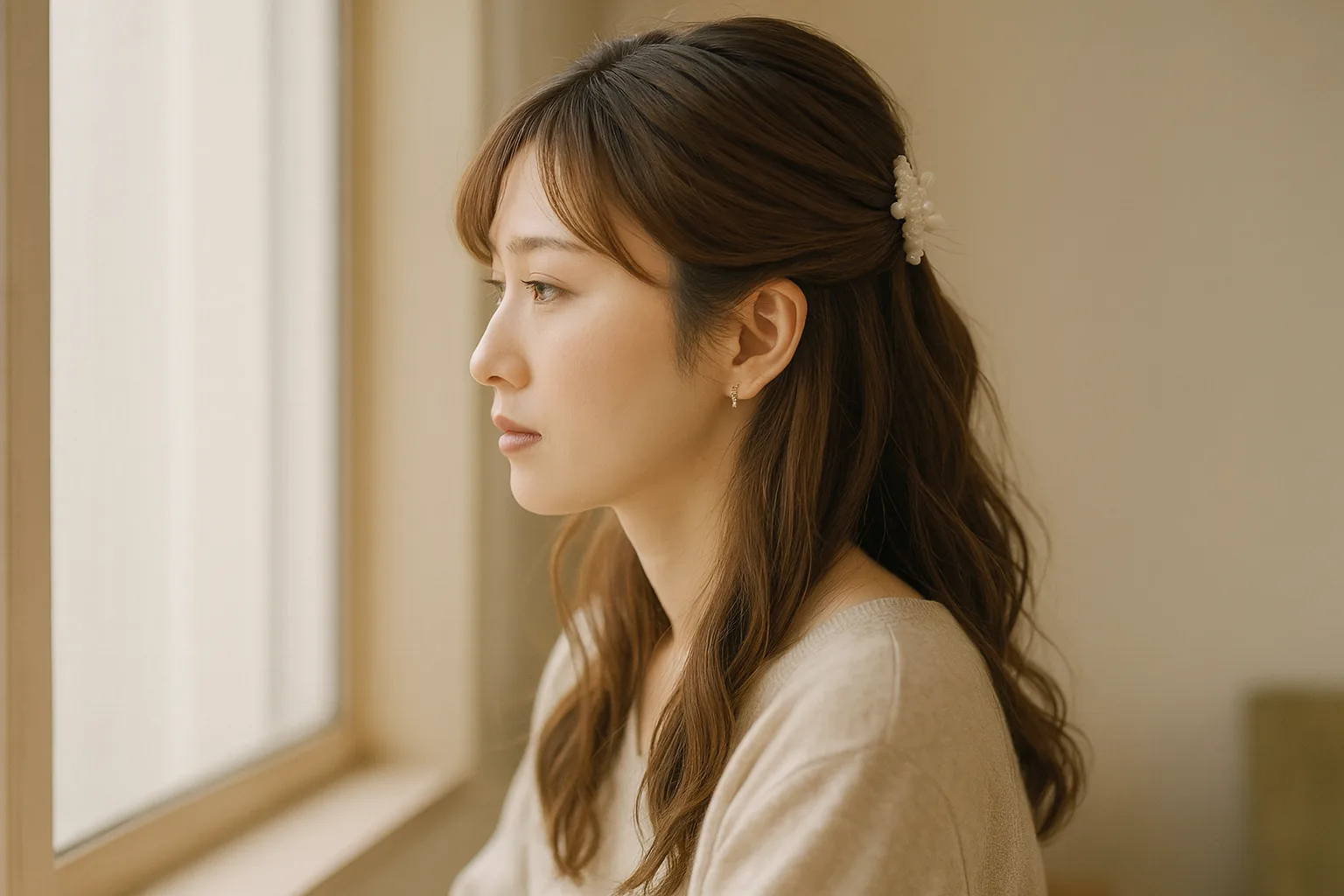 窓の外を見ながら、少し考えている女性の横顔