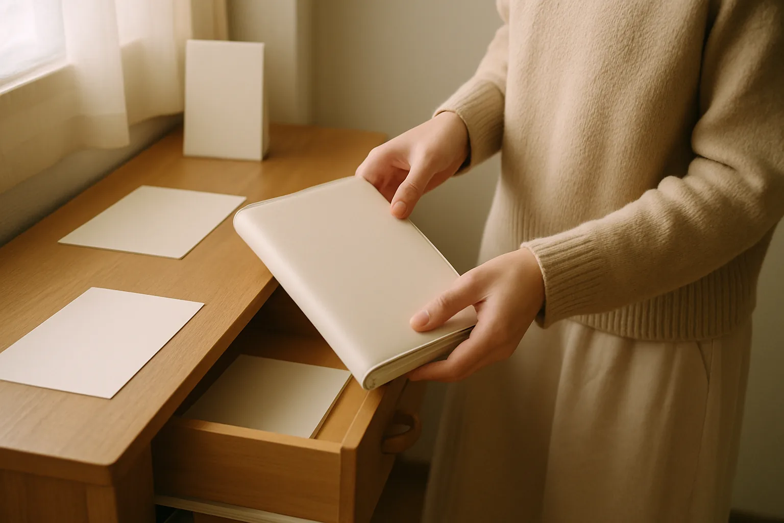 引き出しに手帳をしまっている女性の手元