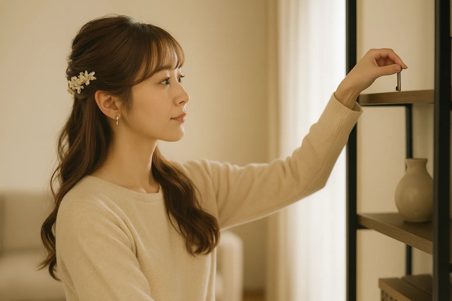 居間の棚のそばで、車の鍵を手に取っている女性