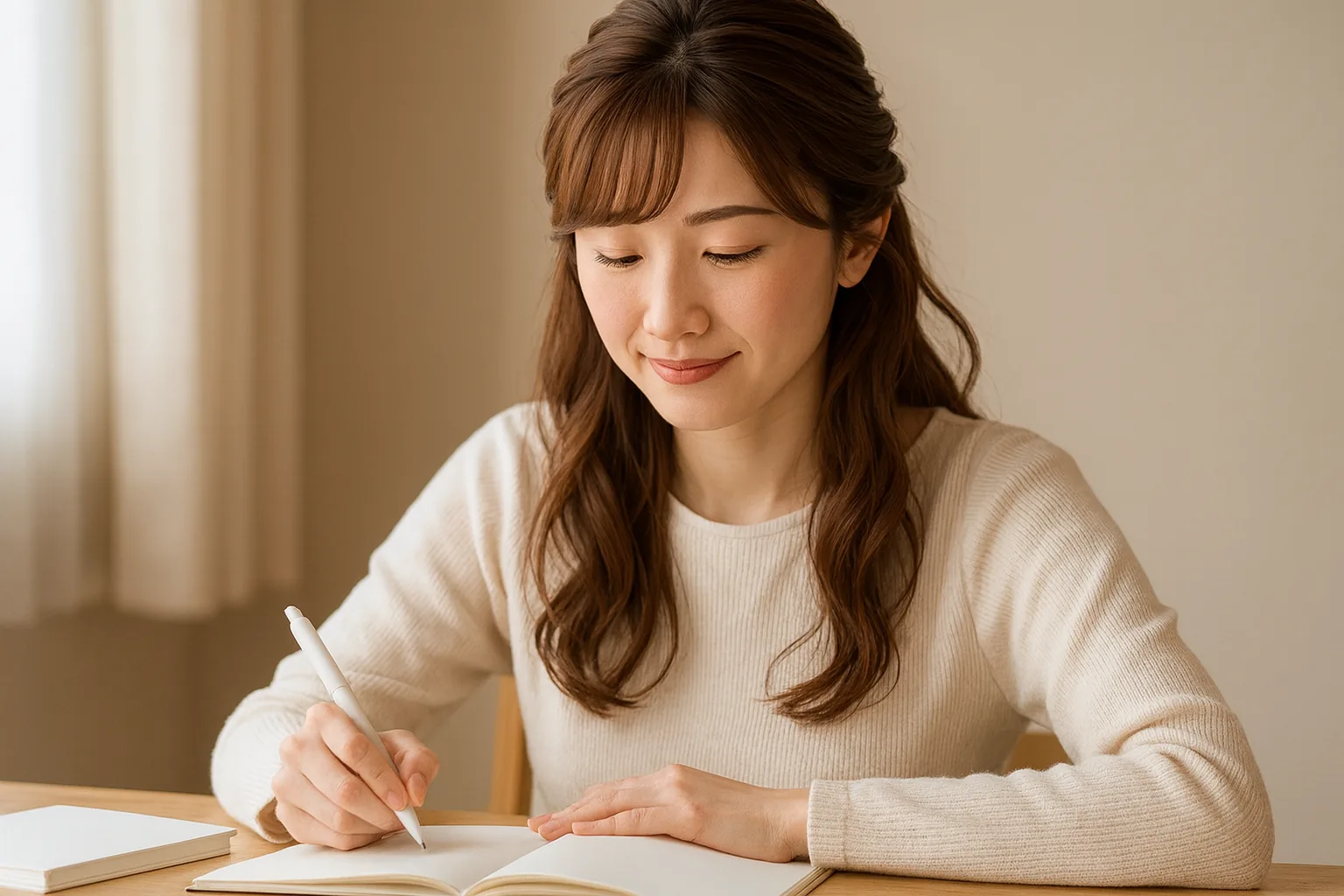 明るい部屋で、ノートに書き足している女性