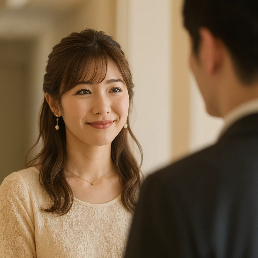 廊下で、同僚と短く立ち話をしている女性（相手は後ろ姿）