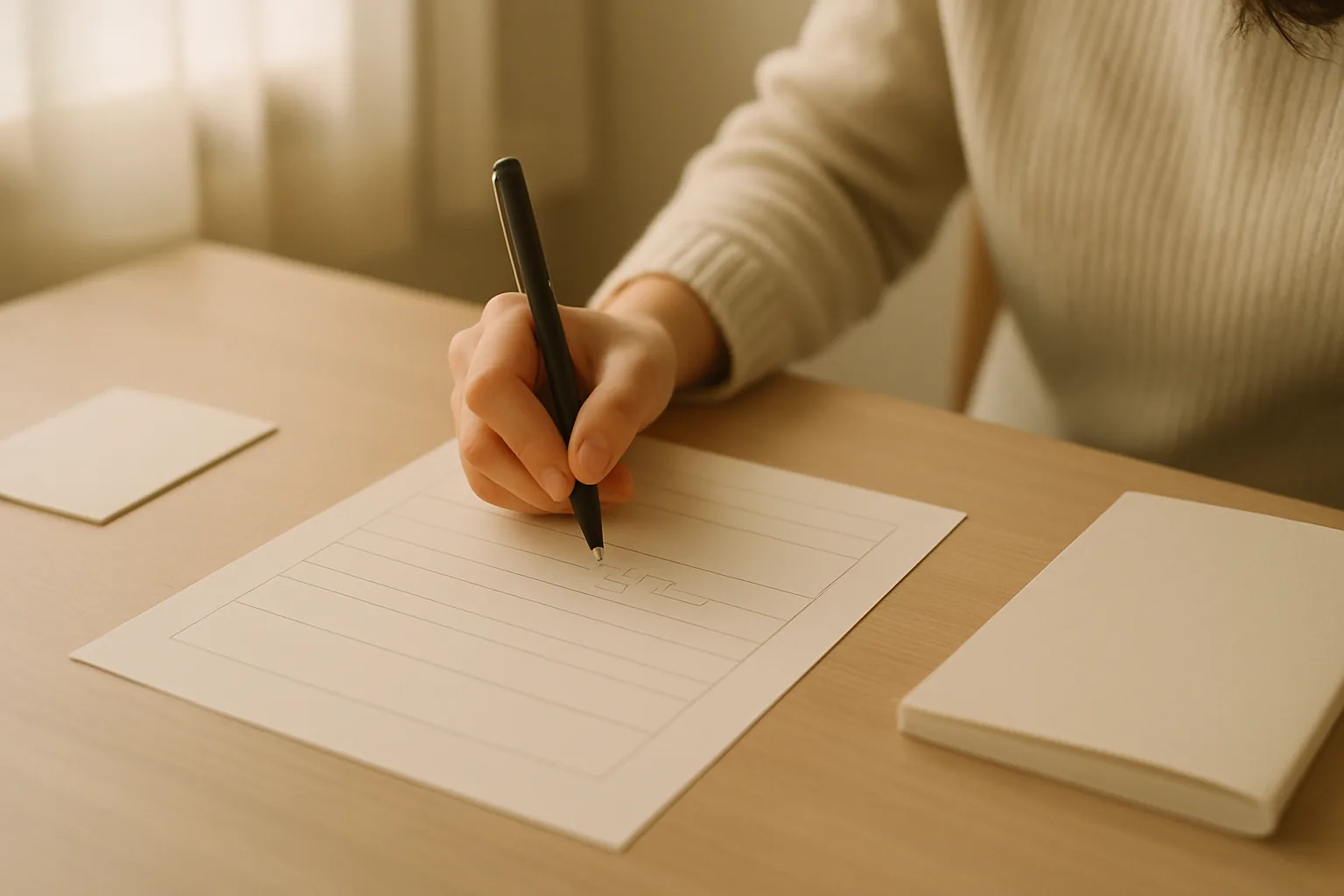 用紙に記入している女性の手元（書かれた文字は読めない）