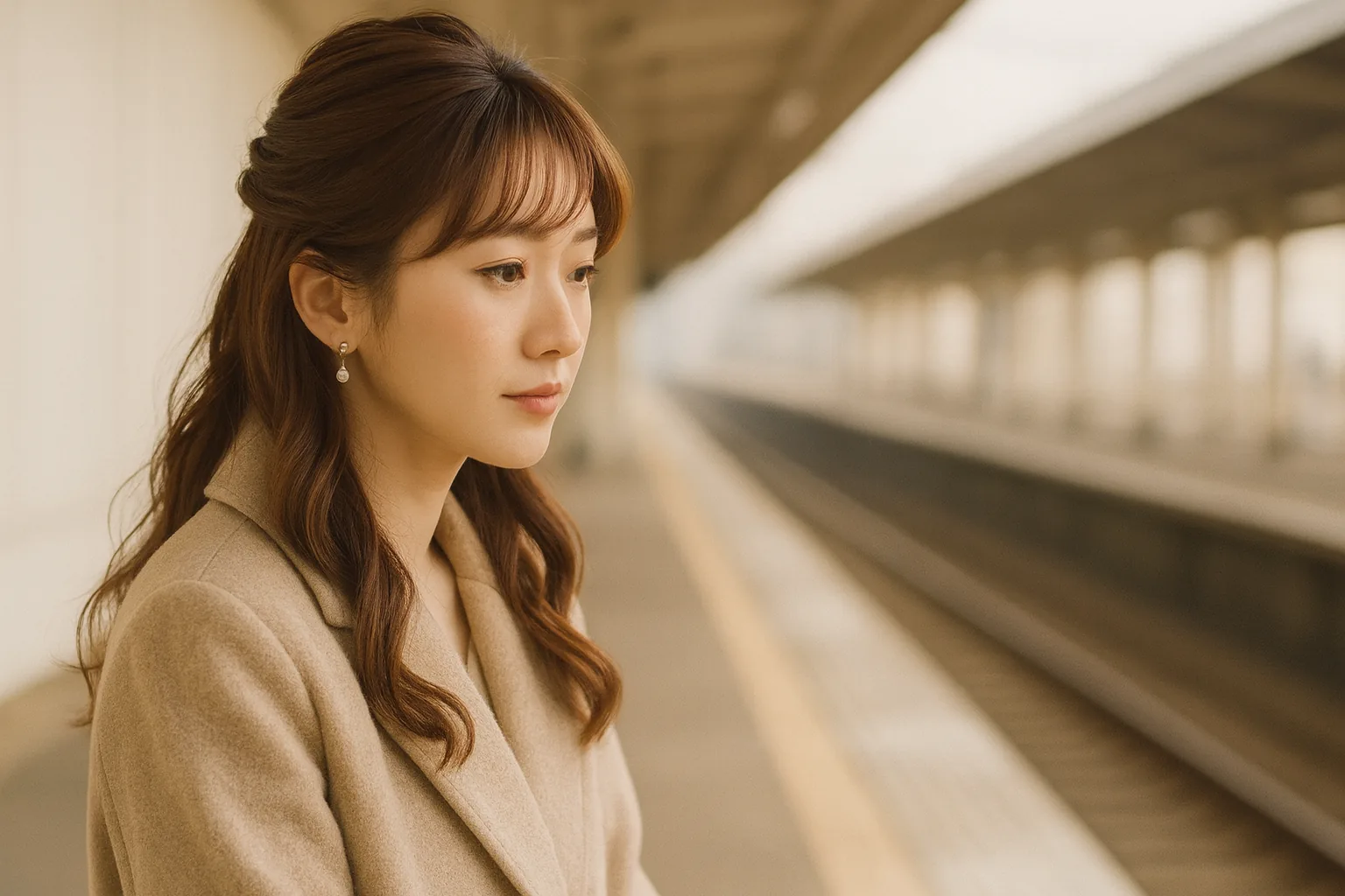 駅のホームで電車を待っている女性（看板の文字は見えない）