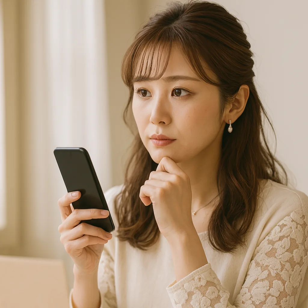窓辺で、暗い画面のスマートフォンを手に考えている女性