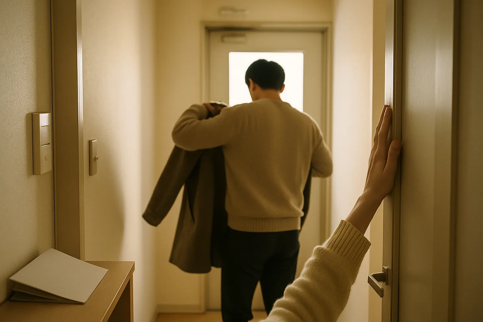 玄関で、出かける支度をしている夫の後ろ姿と、見送る女性