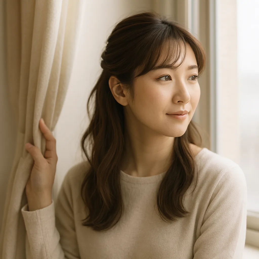 窓辺で、カーテンを少し開けて外を見ている女性