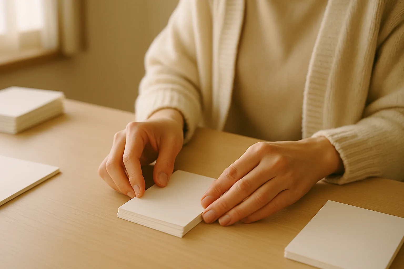 はがきをそろえている女性の手元（文字は書かれていない）