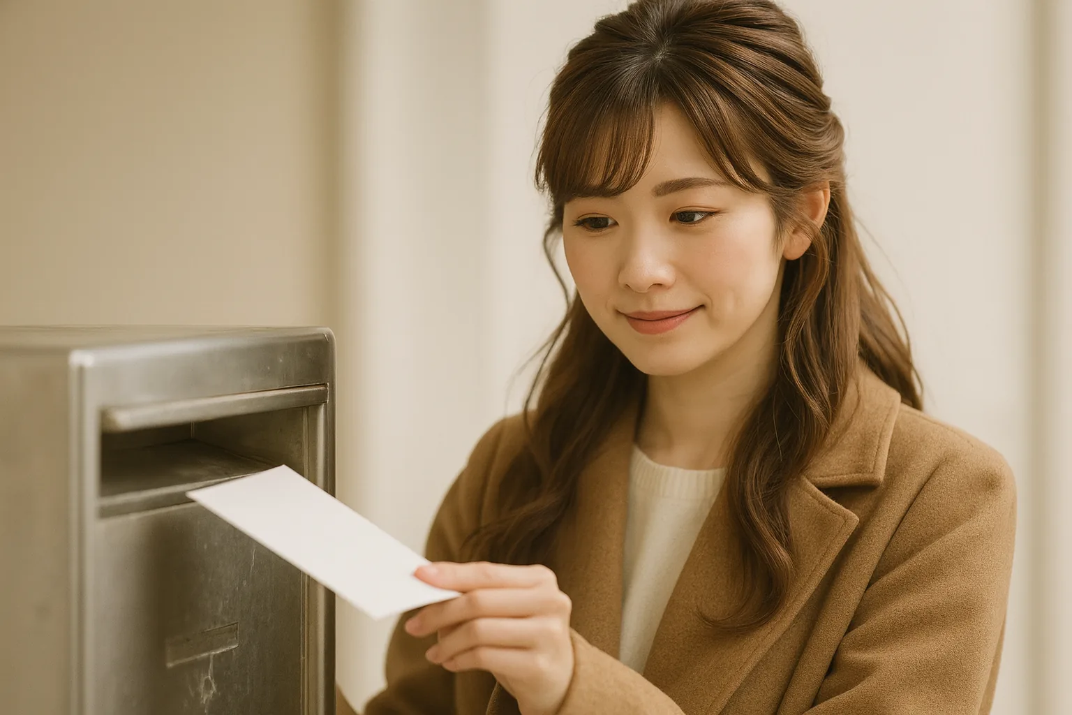 まちの郵便ポストの前に立つ女性（表示の文字は見えない）