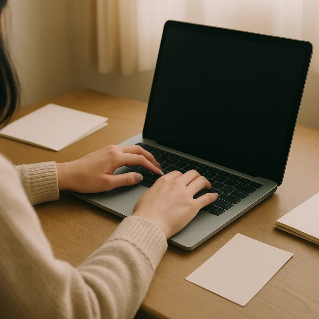 キーボードに手を置いて、短い文を打っている女性の手元（画面は暗いまま）