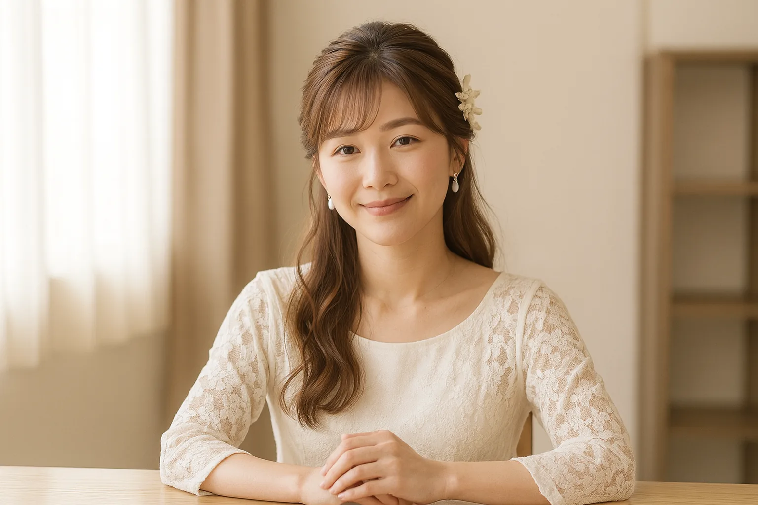 春の日差しが入る部屋で、片づいた机を前にしている女性