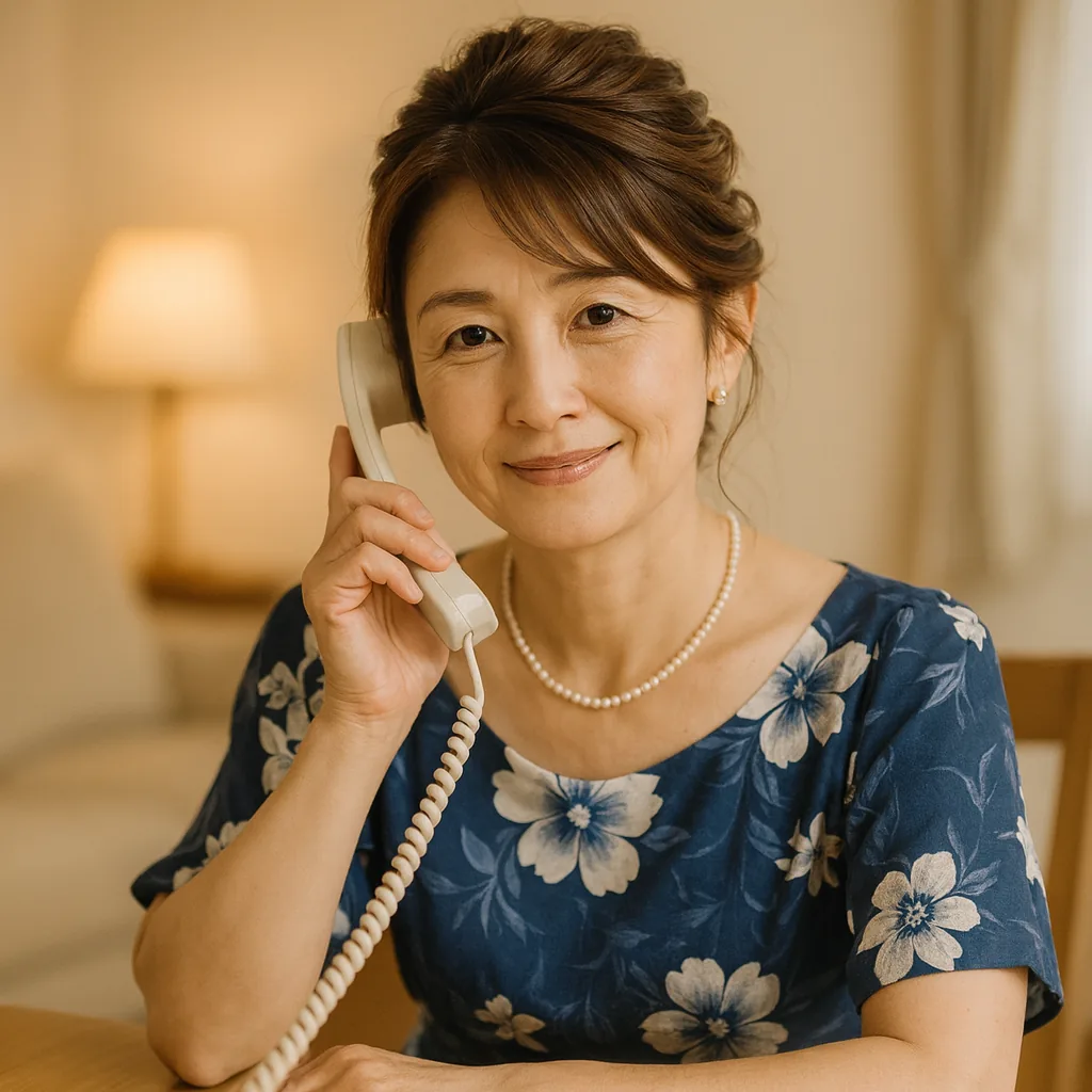居間のテーブルで電話を耳にあてて、おだやかにほほえむ母