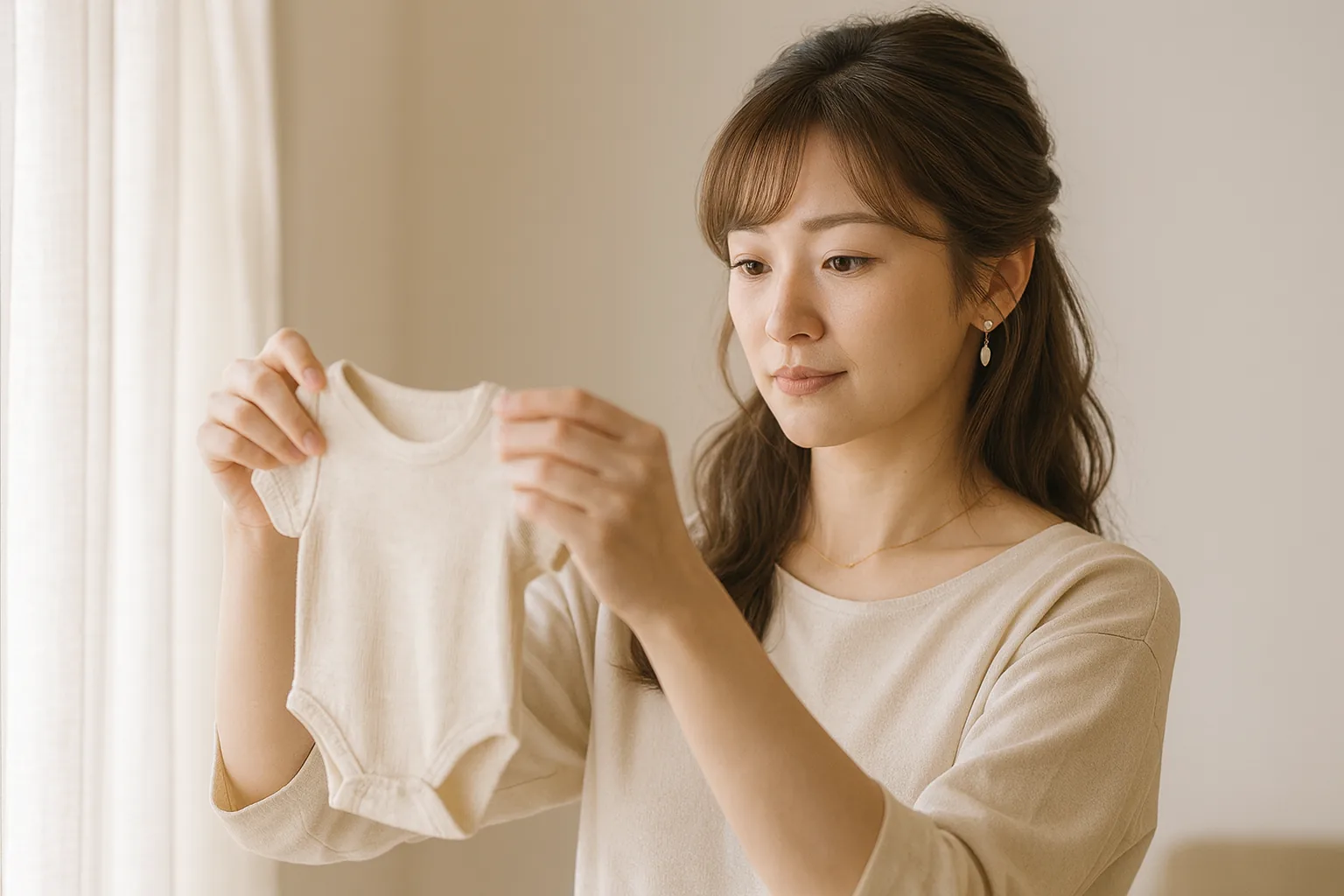ペンを置いて、たたまれた小さな肌着を窓辺の明かりにあてて見ている女性