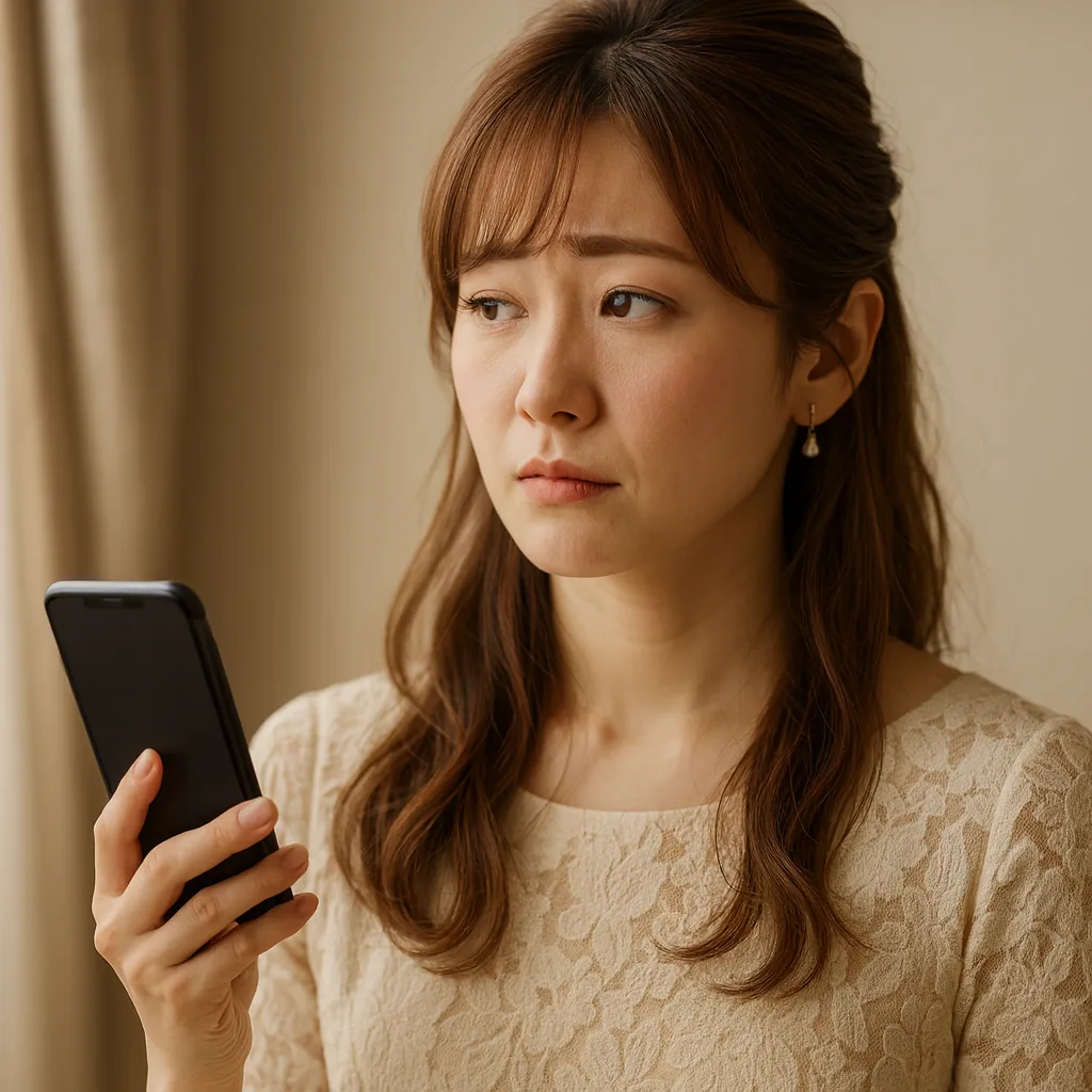 窓のそばで電話をかけようとして、一度手を下ろしている女性
