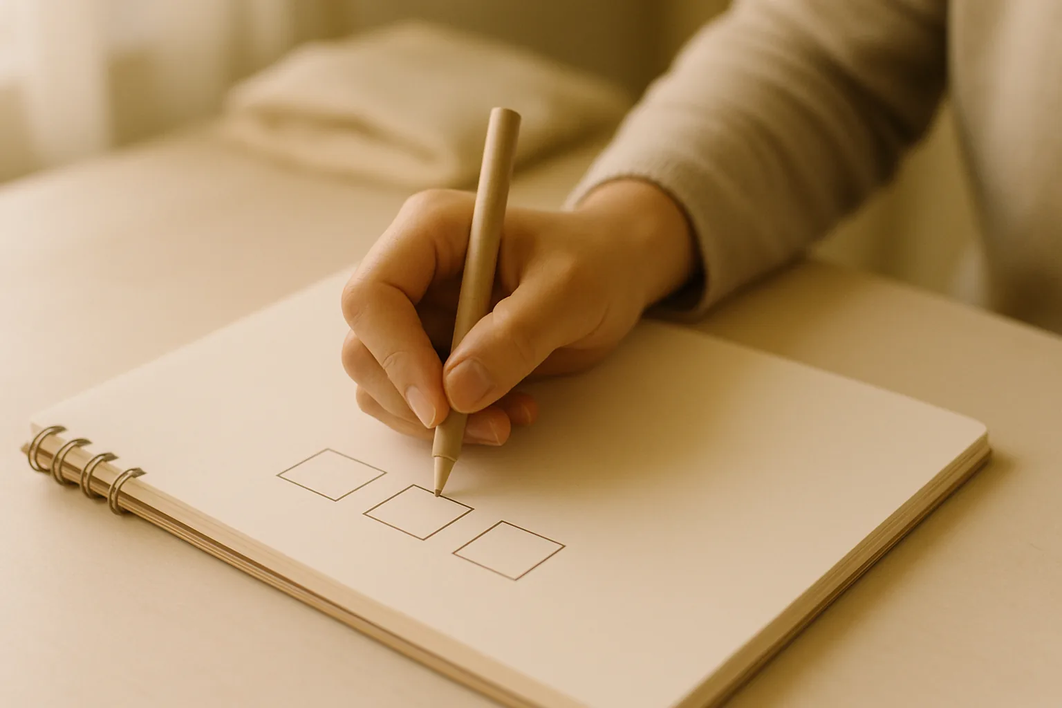 椅子に座って、ノートに3つの箱を書いている女性の手元