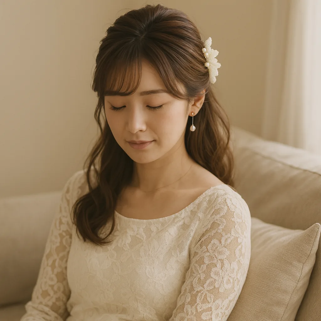 ソファに腰を下ろして、ひと息ついている女性