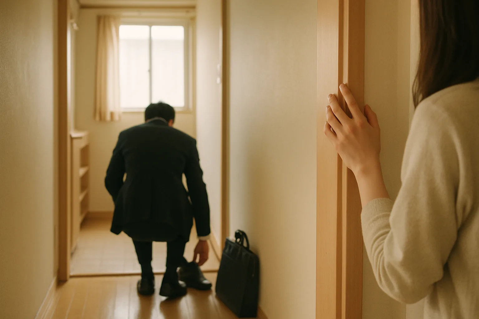 玄関で出かける支度をしている夫の後ろ姿と、見送る女性
